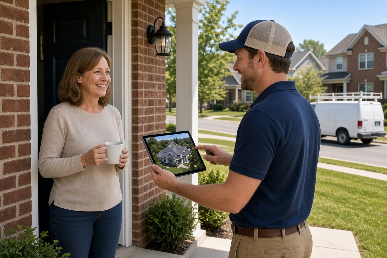 Roofing sales representative with homeowner